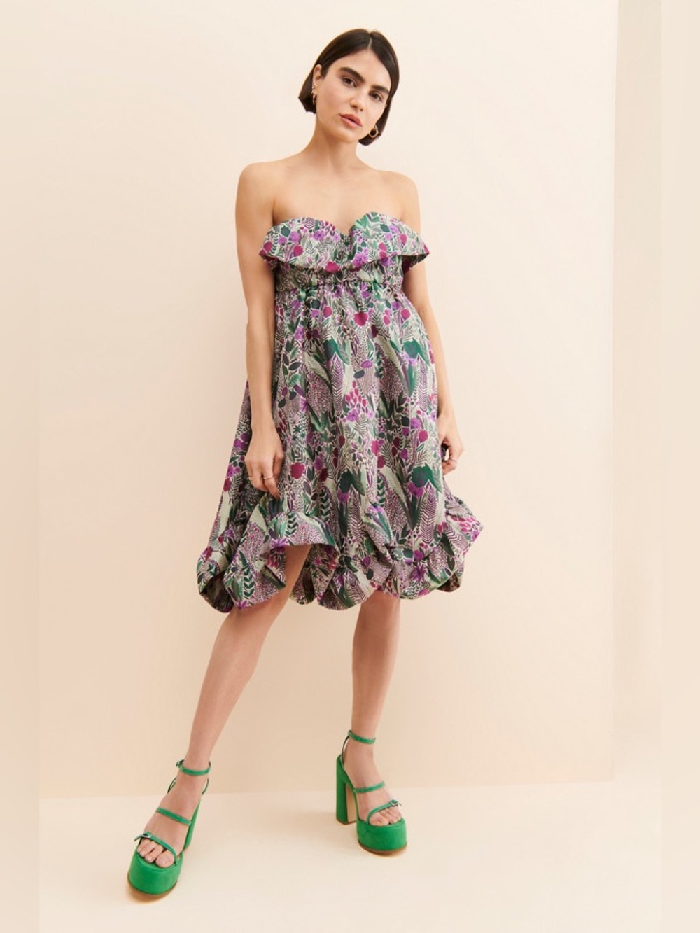 Anna Sui Floral Jacquard Strapless Dress Green Purple Floral Size 6